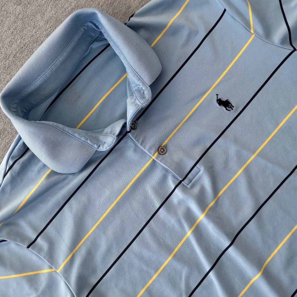 Polo Ralph Lauren Mens Performance Golf Polo Shirt Blue Yellow Striped Large